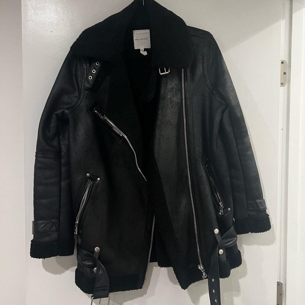 Avec les filled oversized faux shearling biker jacket